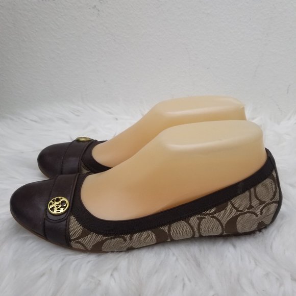 Coach Chelsey Chestnut Khaki Ballet Flats Gold Hardware Matte Calf Leather Signa - Picture 3 of 9